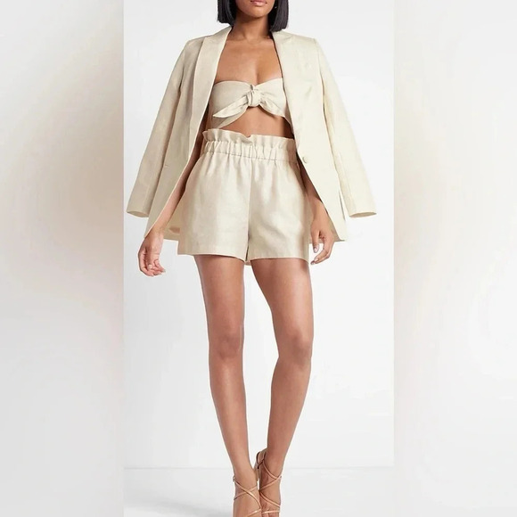 Express Sparkle Beige Linen Blend Tie Front Bandeau Top - Picture 5 of 8